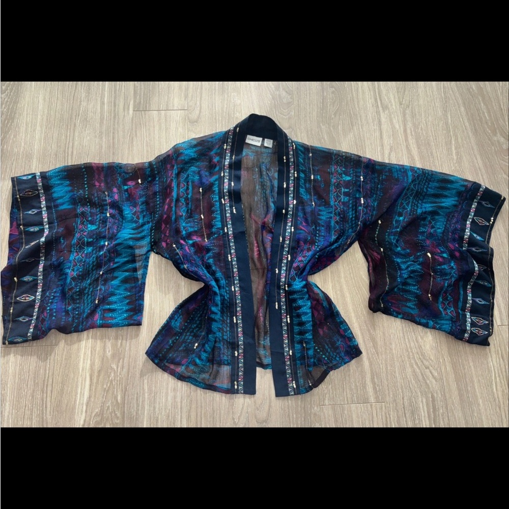 Chicos Kimono SILK Blouse Peacock Boho Unique Sleeve SM Embroidered EUC